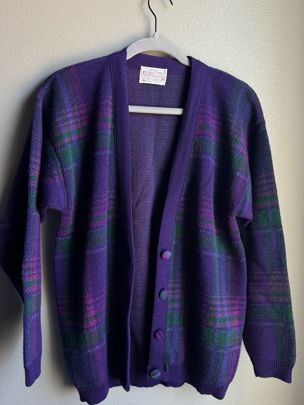 Women’s Pendleton Purple Plaid Button-Front Women's Cardigan, Size P Medium.